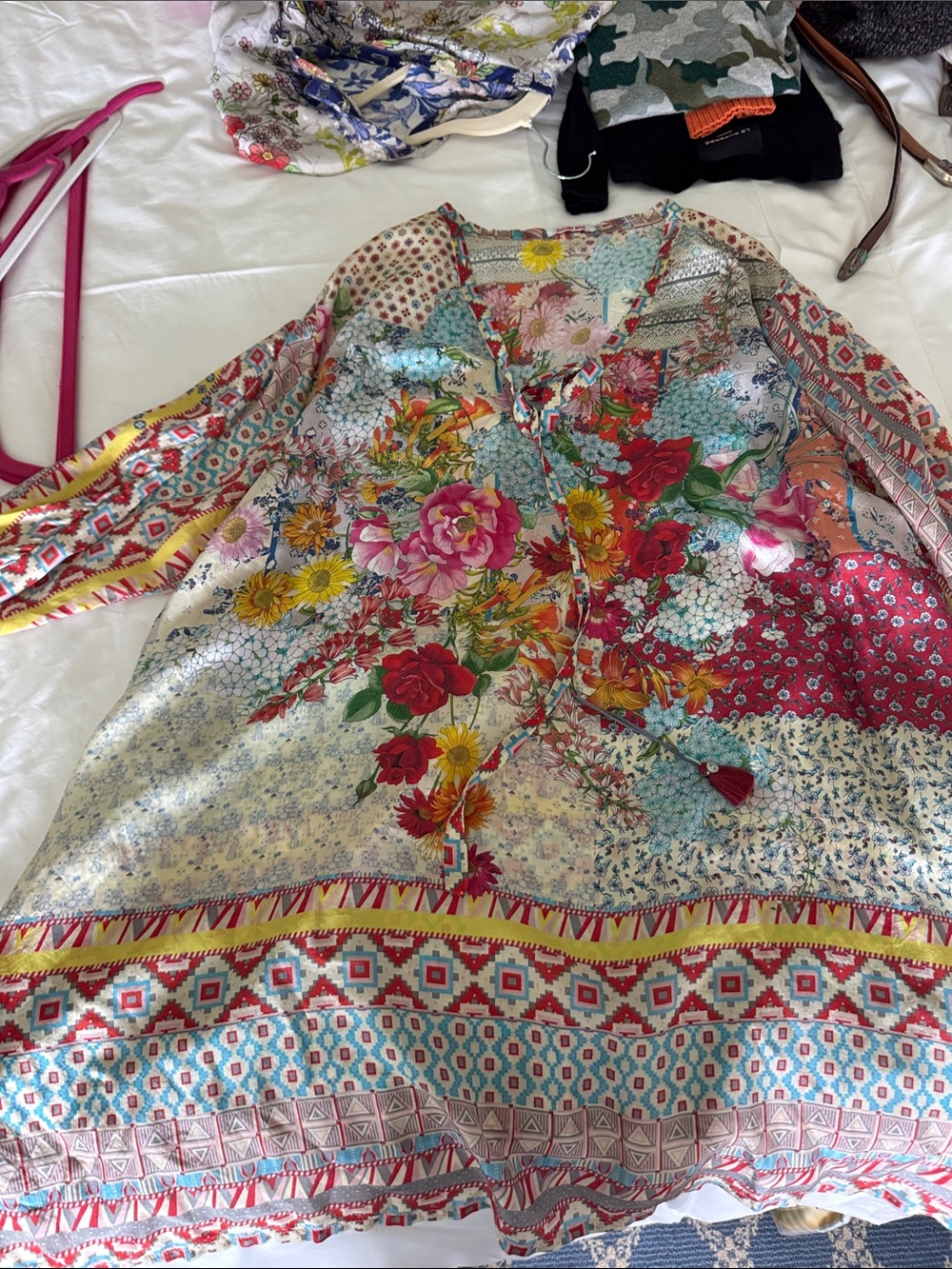 Johnny Was Multicolor Floral Patchwork Tunic with Tassel Ties